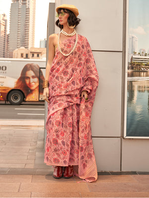 Pink Printed Zari Tissue Saree With Blouse Piece