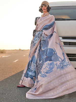 Lavender Printed Tussar Silk Saree With Blouse Piece