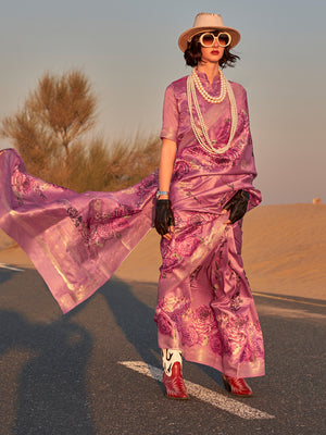 Pink Printed Tussar Silk Saree With Blouse Piece