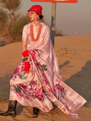 Pink Printed Tussar Silk Saree With Blouse Piece