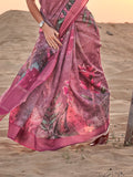 Pink Printed Linen Saree With Blouse Piece