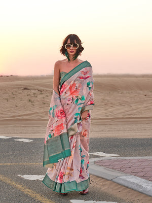 Pink Printed Linen Saree With Blouse Piece