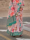 Pink Printed Linen Saree With Blouse Piece