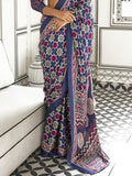 Multi Color Ajrakh Satin Crepe Saree With Blouse Piece