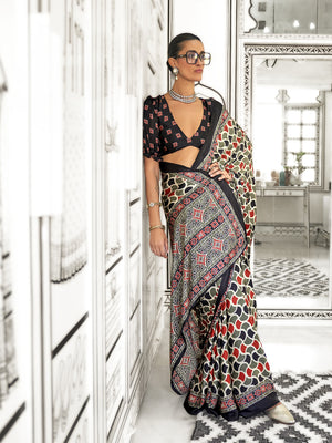 Multi Color Ajrakh Satin Crepe Saree With Blouse Piece