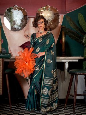 Green Satin Silk Saree With Blouse Piece