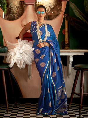 Blue Satin Silk Saree With Blouse Piece