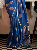 Blue Satin Silk Saree With Blouse Piece