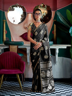 Black Satin Silk Saree With Blouse Piece