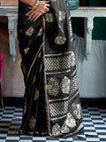 Black Satin Silk Saree With Blouse Piece