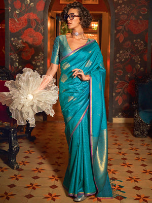 Sky Blue Silk Blend Saree With Blouse Piece