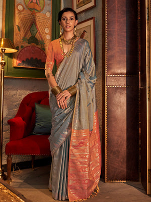 Grey Tussar Silk Blend Saree With Blouse Piece