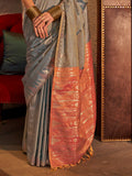 Grey Tussar Silk Blend Saree With Blouse Piece