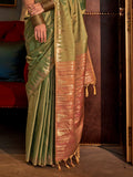 Green Tussar Silk Blend Saree With Blouse Piece