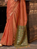 Orange Tussar Silk Blend Saree With Blouse Piece