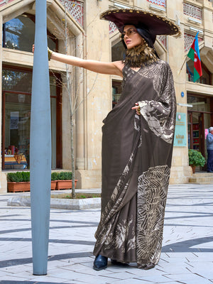 Grey Satin Crepe Saree With Blouse Piece