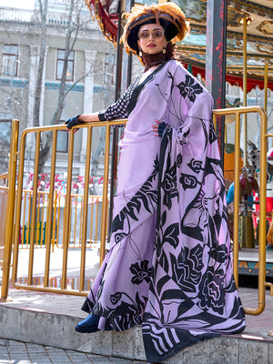 Purple Satin Crepe Saree With Blouse Piece