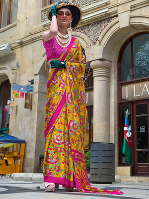 Yellow Satin Crepe Saree With Blouse Piece