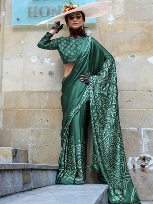 Green Satin Crepe Saree With Blouse Piece