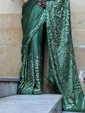 Green Satin Crepe Saree With Blouse Piece