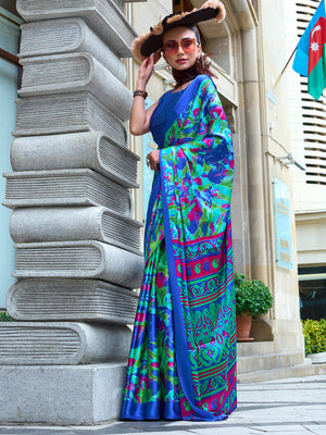 Blue Satin Crepe Saree With Blouse Piece