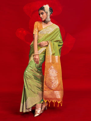 Parrot Green Tussar Silk Saree With Blouse Piece