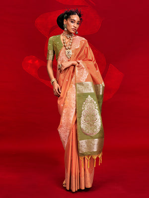 Orange Tussar Silk Saree With Blouse Piece