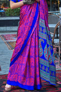 Pink & Blue Satin Silk Saree With Blouse Piece