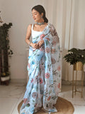 Sky Blue Organza Saree With Blouse Piece