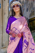 Blue & Pink Satin Silk Saree With Blouse Piece