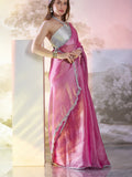 Pink Organza Solid Saree With Blouse Piece