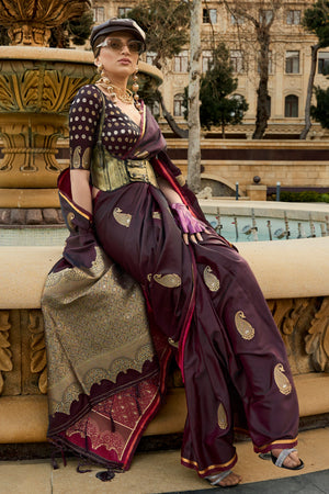 Wine Banarasi Silk Saree With Blouse Piece