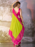 Green And Pink Chiffon Colorblocked Saree With Blouse Piece