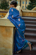 Blue Banarasi Silk Saree With Blouse Piece