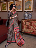 Black Printed Satin Saree With Blouse Piece