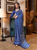 Blue Printed Satin Saree With Blouse Piece