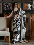 Black & White Printed Satin Saree With Blouse Piece