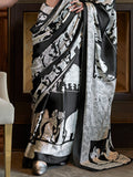 Black & White Printed Satin Saree With Blouse Piece