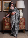 Black Printed Satin Crepe Saree With Blouse Piece