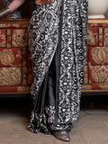 Black Printed Satin Crepe Saree With Blouse Piece