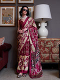 Maroon & Beige Patola Printed Satin Crepe Saree With Blouse Piece