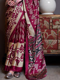 Maroon & Beige Patola Printed Satin Crepe Saree With Blouse Piece