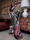 Black & Beige Patola Printed Satin Crepe Saree With Blouse Piece