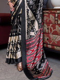 Black & Beige Patola Printed Satin Crepe Saree With Blouse Piece