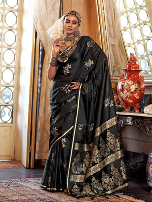 Black Satin Saree With Blouse Piece