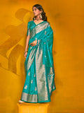 Teal Blue Silk Saree With Blouse Piece