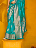 Teal Blue Silk Saree With Blouse Piece