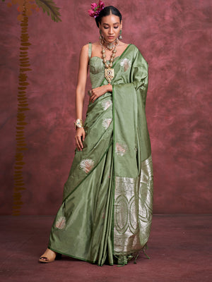 Green Banarasi Satin Saree With Blouse Piece