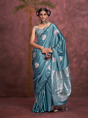 Blue Banarasi Satin Saree With Blouse Piece