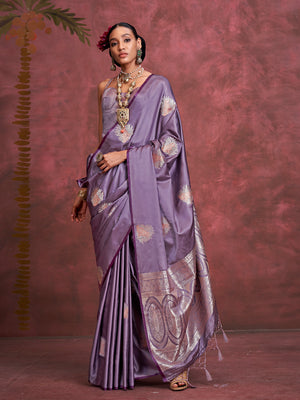 Lavender Banarasi Satin Saree With Blouse Piece